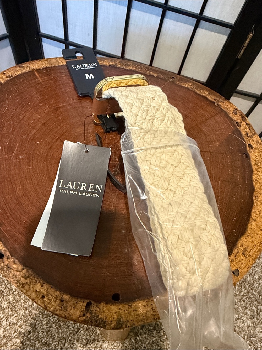 Lauren Ralph Lauren Cream Crochet Braided Belt with Gold-Tone Buckle NEW